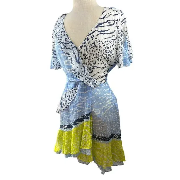 Tanya Taylor Bianka Silk Blend Wrap Dress Party Mini Leopard Short Sleeve Size 6 - Picture 3 of 16
